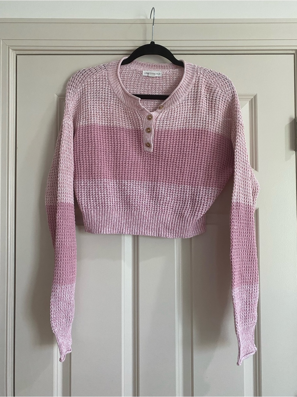 Aeropostale XS Pink Striped Waffle Knit Cropped Henley Sweater